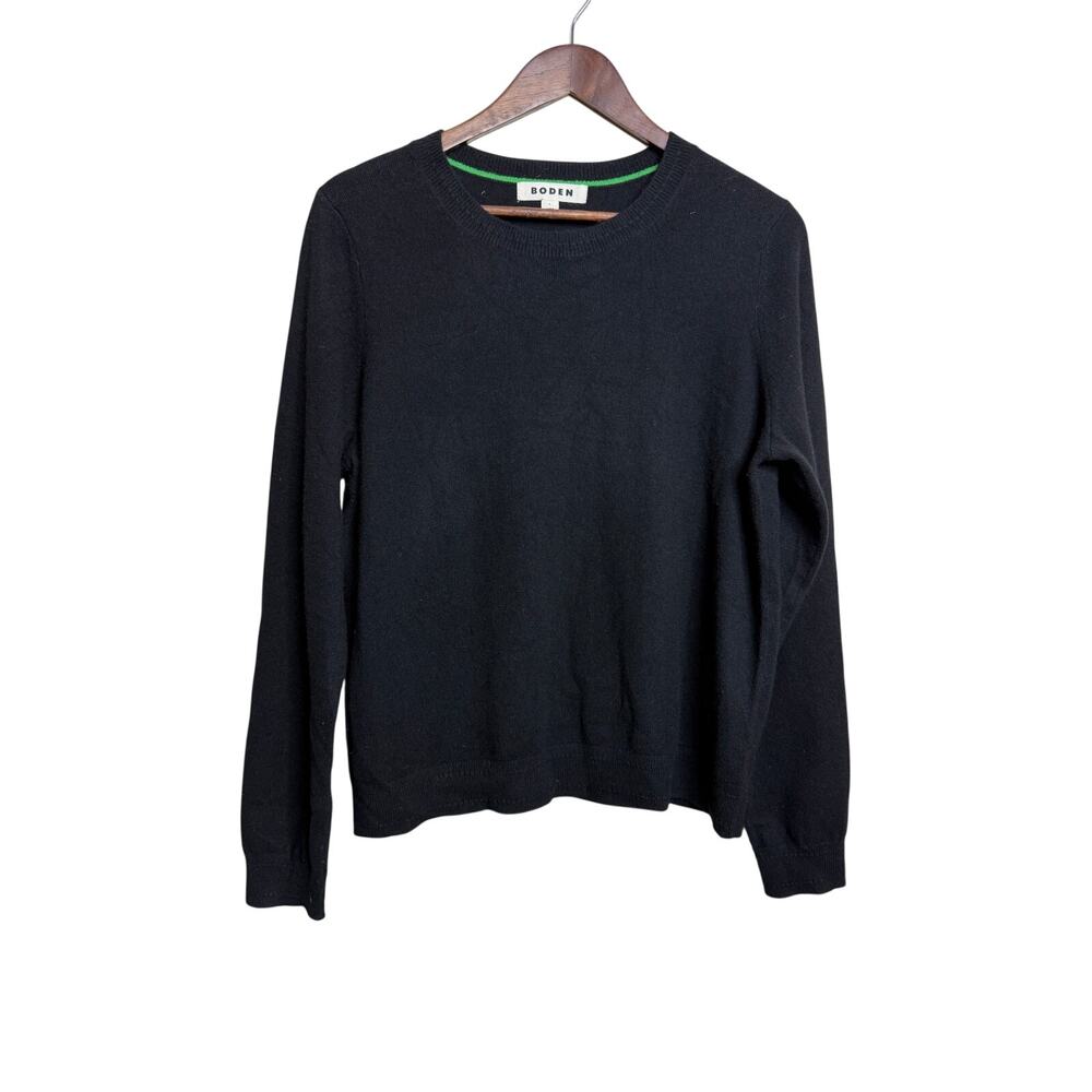 Boden 100% Cashmere Crewneck Sweater Womans L Black Green Trim Ribbed Edges